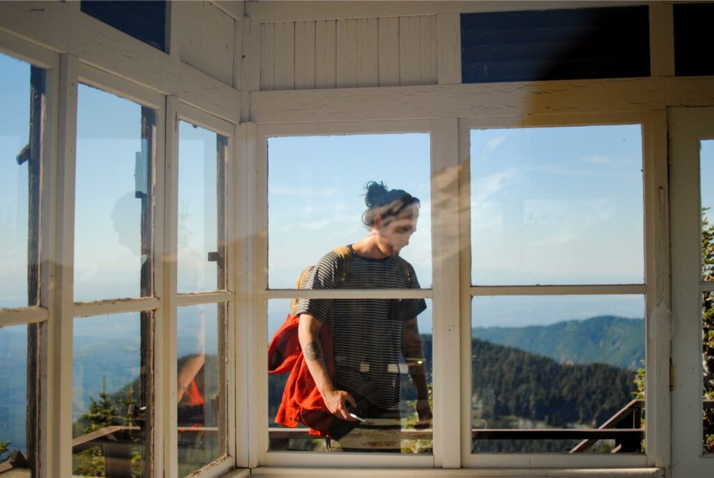 2014 Tolmie Peak Fire Lookout Mountain ViewsThrough the Cabin 2